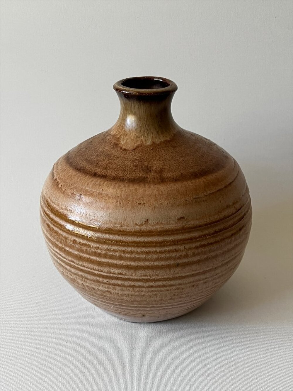 Vintage Hand-Thrown Studio Pottery Ribbed Round Vase Signed